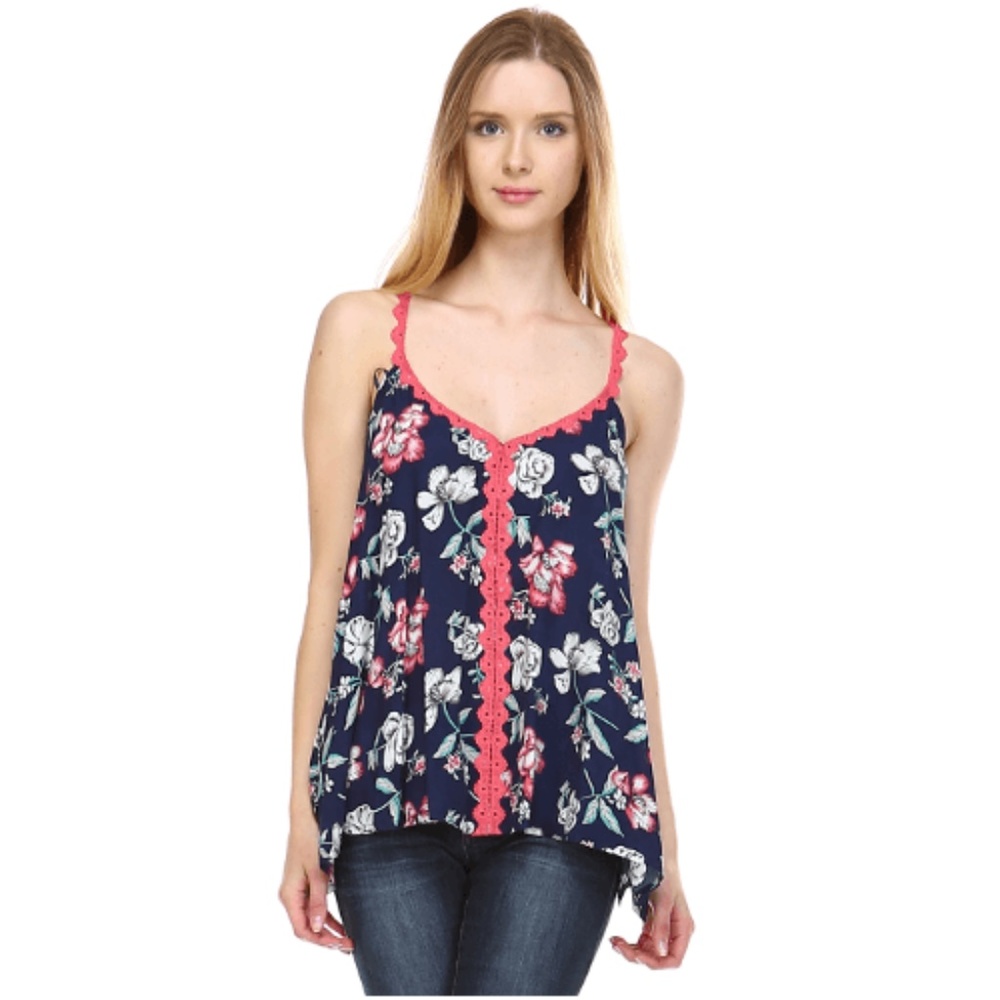 Crochet Strap Tank Top Floral Print Navy